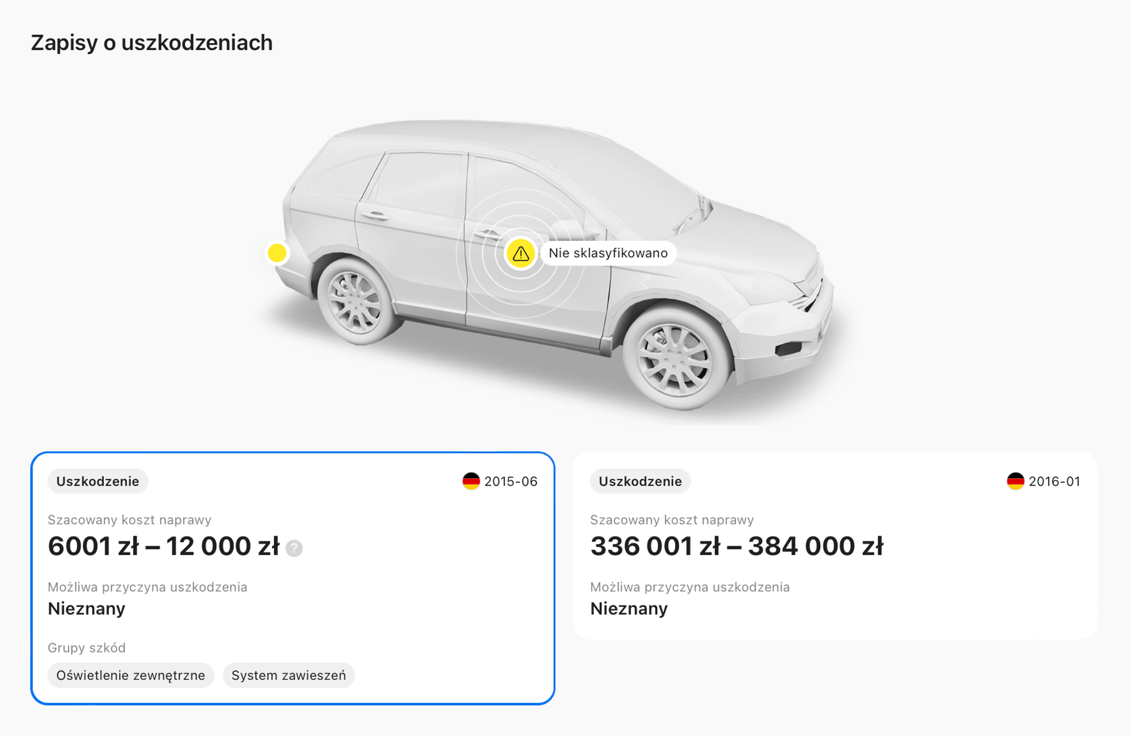 zapisy dotyczące uszkodzeń znalezione w raporcie historii pojazdu