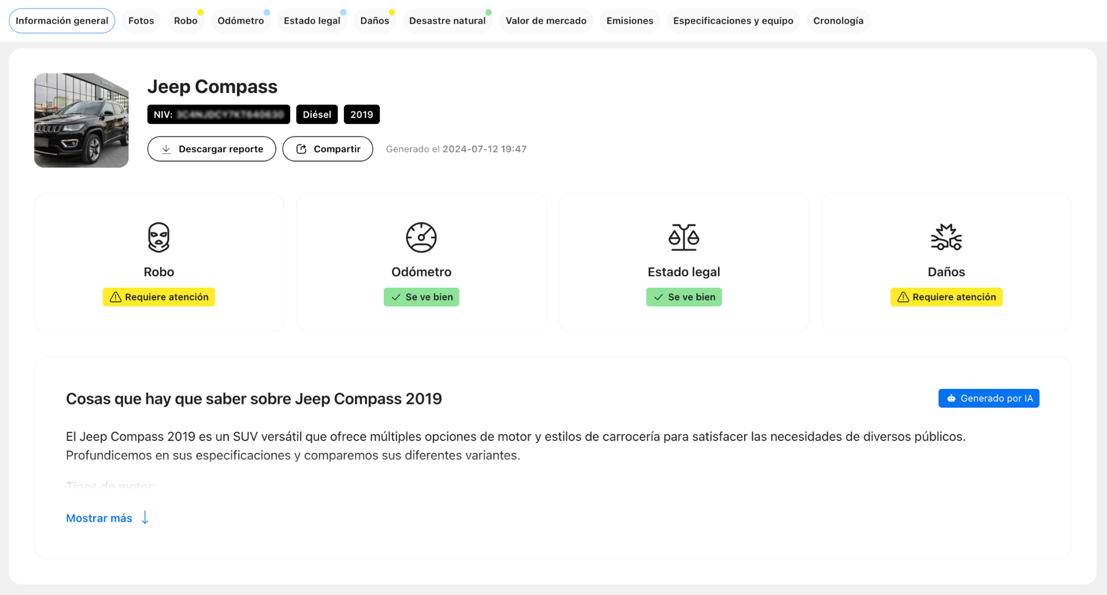 Informe del historial del vehículo, robo detectado, daño detectado