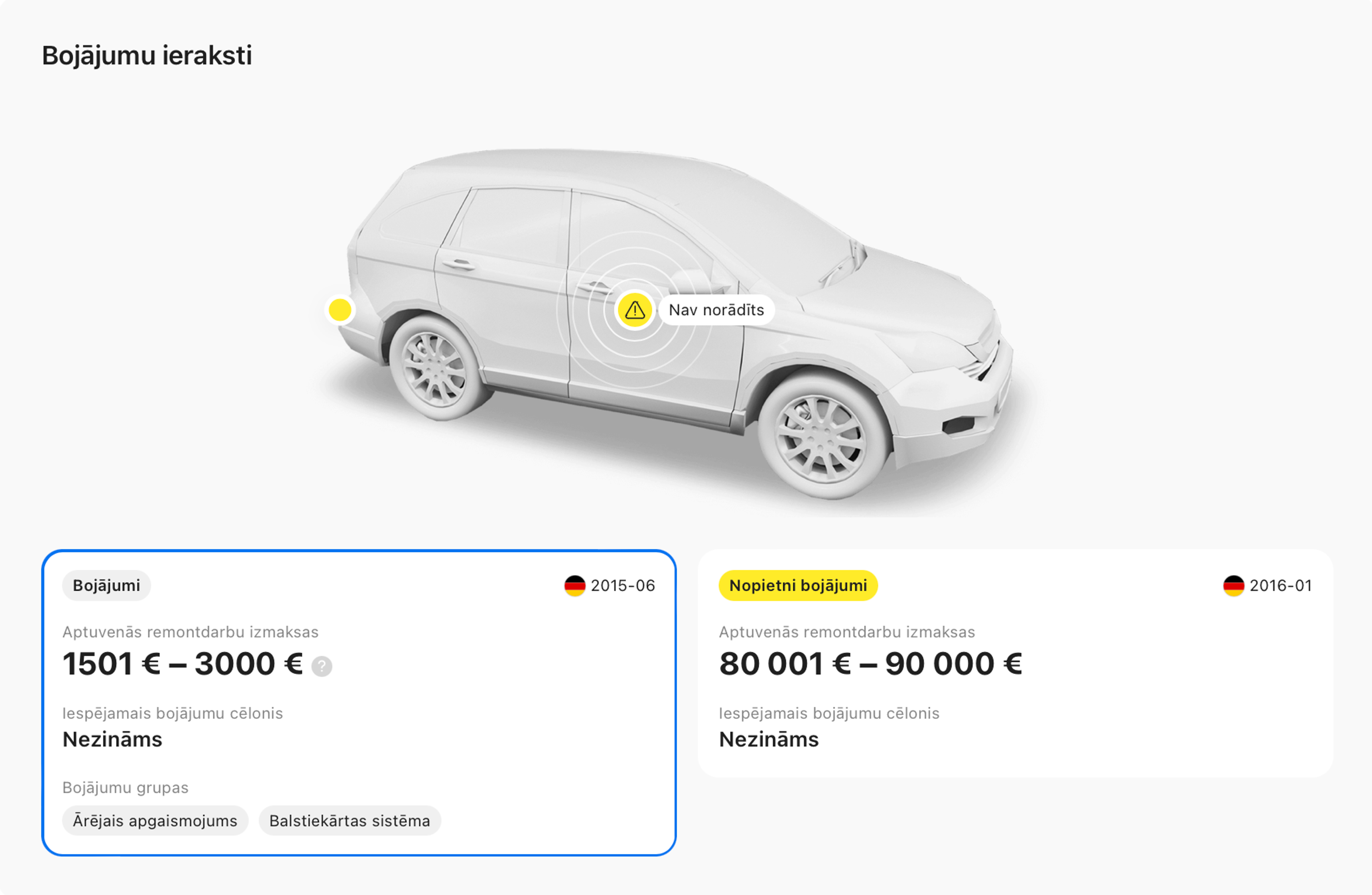 Bojājumu ieraksta piemērs carVertical pārskatā